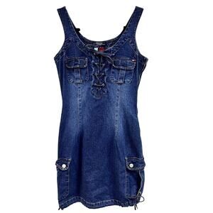 Vintage SM 2000's Tommy Girl denim mini tank overall bodycon dress dark wash
